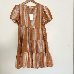 Skies Are Blue Tan and White Boho Dress